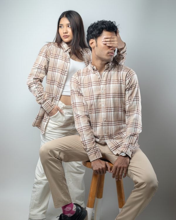 Men’s Long Sleeve Flannel Shirt in Cream - Image 8