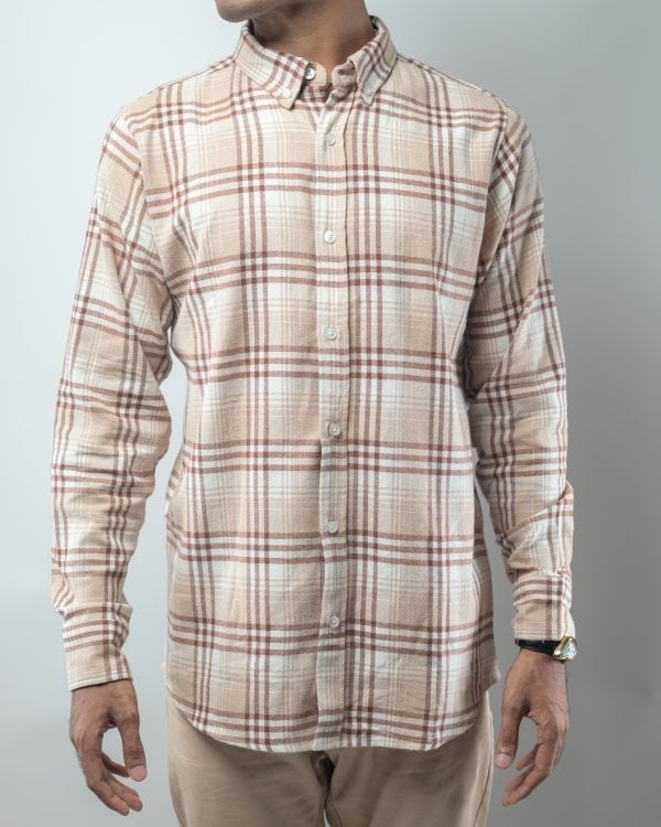 Men’s Long Sleeve Flannel Shirt in Cream - Image 3