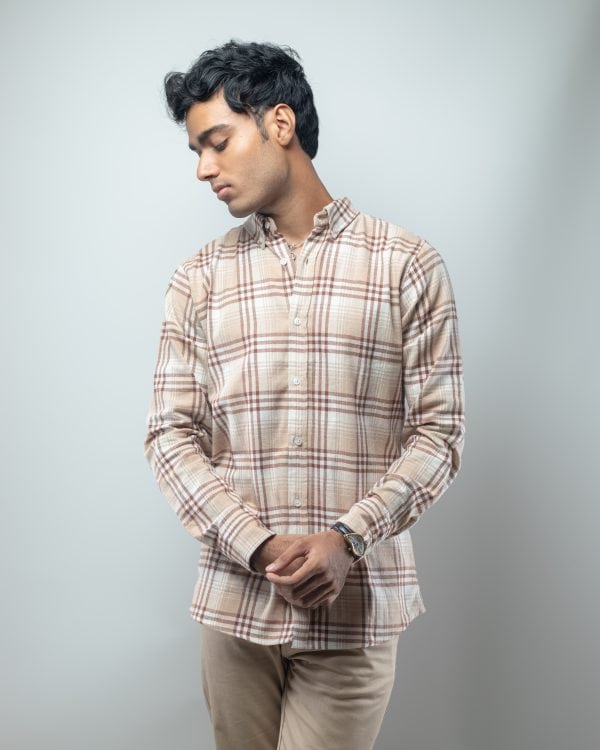 Men’s Long Sleeve Flannel Shirt in Cream - Image 4