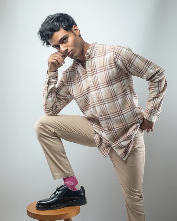 Men’s Long Sleeve Flannel Shirt in Cream - Image 5