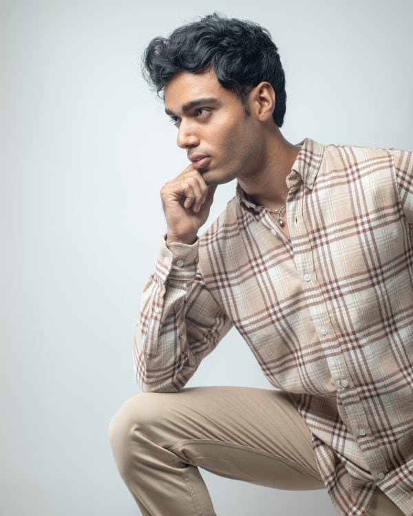 Men’s Long Sleeve Flannel Shirt in Cream - Image 9