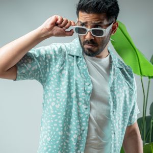 Men’s Printed Half Sleeve Cuban Shirt in Powder Blue
