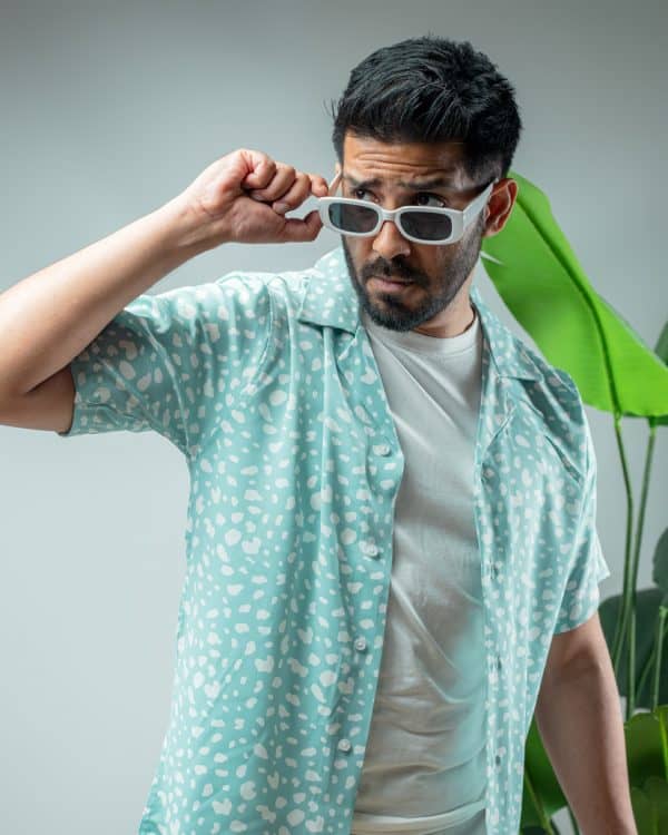 Men’s Printed Half Sleeve Cuban Shirt in Powder Blue
