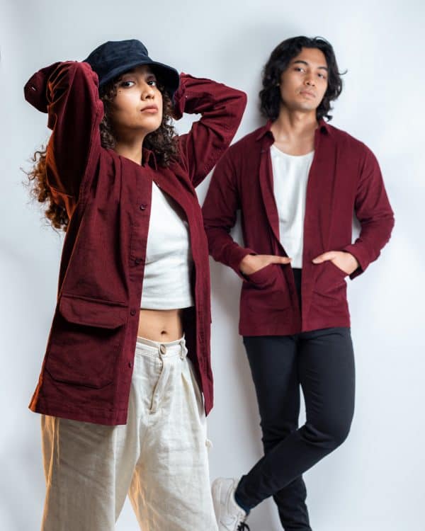 Women's Ribbed Cord  Shirts in Maroon  - Image 6