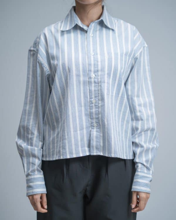 Women’s Oversized Cropped Shirt in White & Blue - Image 4