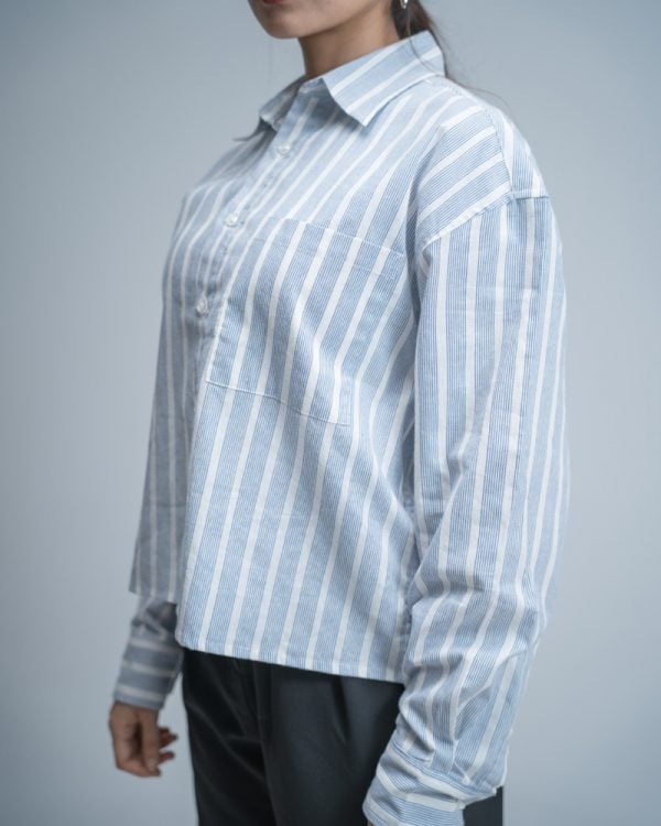 Women’s Oversized Cropped Shirt in White & Blue - Image 5