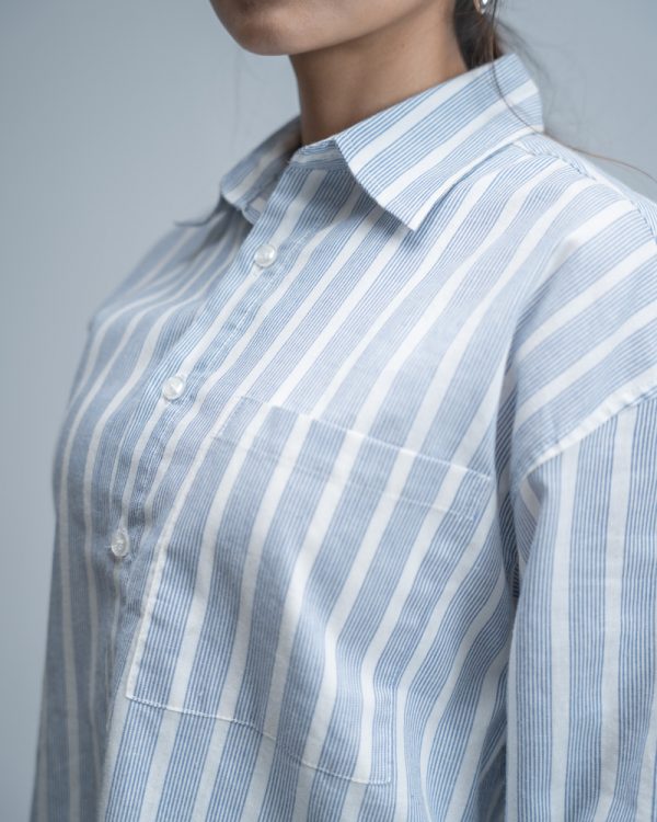 Women’s Oversized Cropped Shirt in White & Blue - Image 6