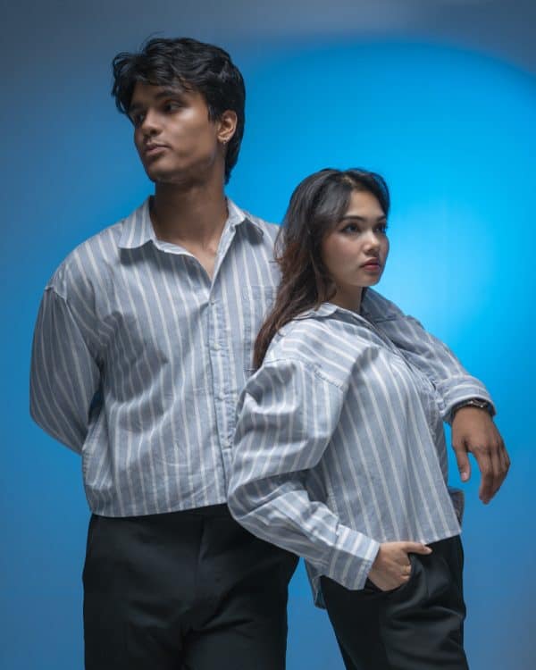 Men’s Oversized Cropped Shirt in White & Blue - Image 2