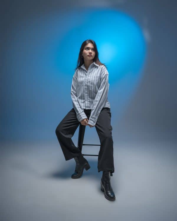 Women’s Oversized Cropped Shirt in White & Blue - Image 10