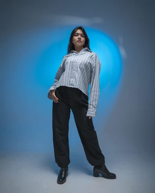 Women’s Oversized Cropped Shirt in White & Blue - Image 3