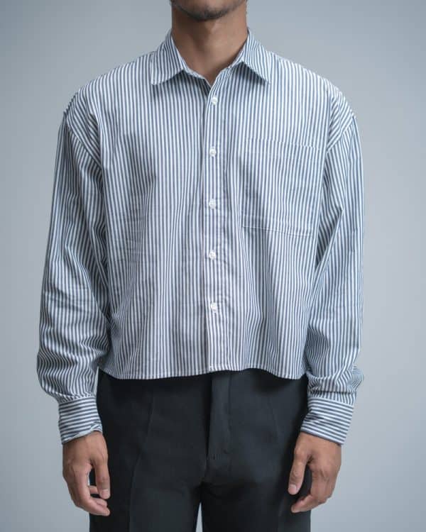 Men’s Oversized Cropped Shirt in White & Navy Blue - Image 4