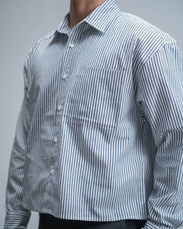 Men’s Oversized Cropped Shirt in White & Navy Blue - Image 5