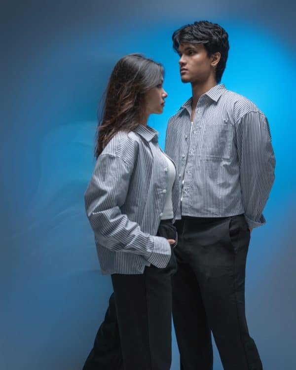 Men’s Oversized Cropped Shirt in White & Navy Blue - Image 8