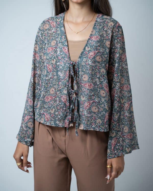 Women’s Paisley Printed String Tie Top in Green - Image 3