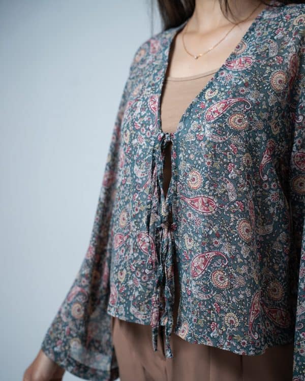 Women’s Paisley Printed String Tie Top in Green - Image 2