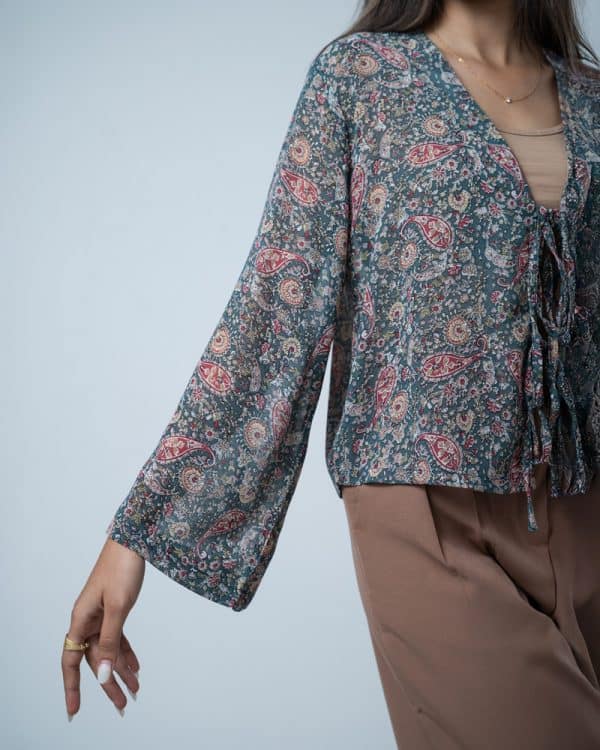 Women’s Paisley Printed String Tie Top in Green - Image 4