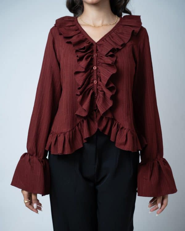 Women's Long Sleeve Ruffle Top in Maroon - Image 3