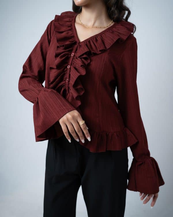 Women's Long Sleeve Ruffle Top in Maroon - Image 4