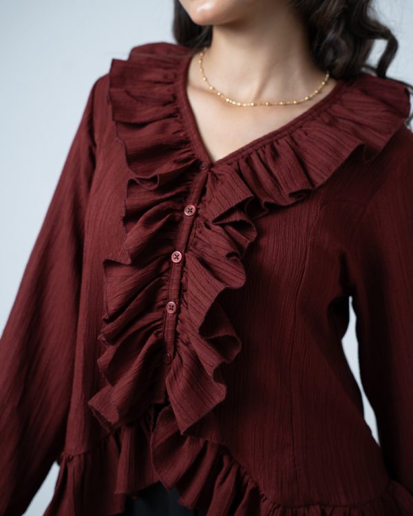 Women's Long Sleeve Ruffle Top in Maroon - Image 2