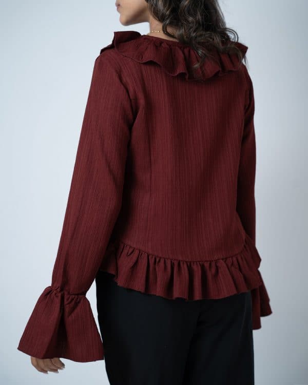 Women's Long Sleeve Ruffle Top in Maroon - Image 5