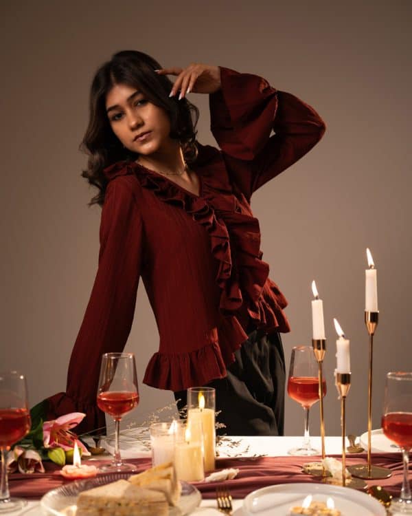 Women's Long Sleeve Ruffle Top in Maroon - Image 6