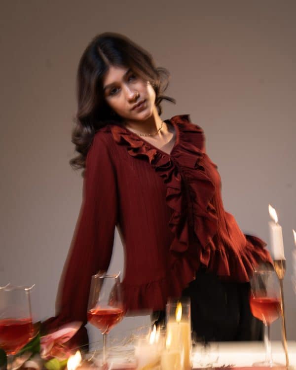 Women's Long Sleeve Ruffle Top in Maroon - Image 10