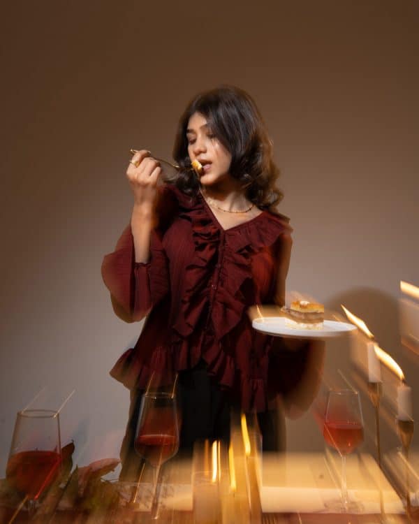 Women's Long Sleeve Ruffle Top in Maroon - Image 11