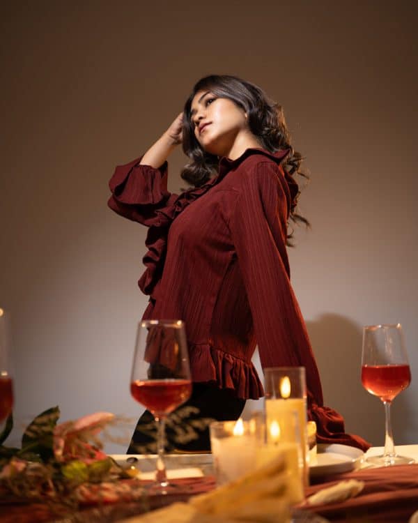Women's Long Sleeve Ruffle Top in Maroon - Image 7