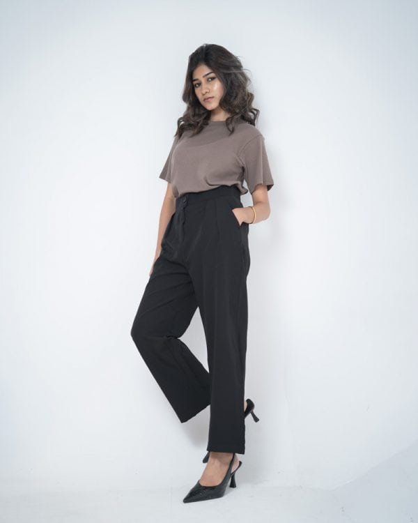Women's Straight Fit Pleated Formal Pants in Deep Black