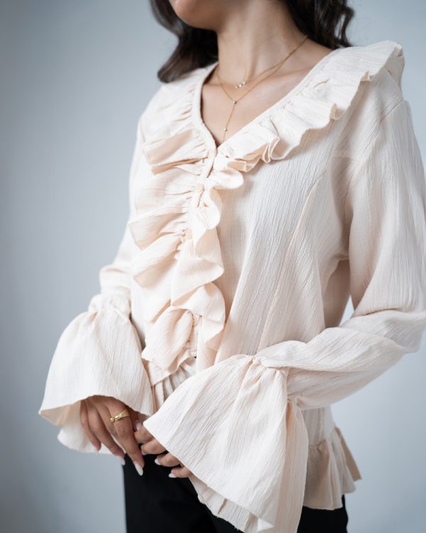 Women's Long Sleeve Ruffle Top in Off-White - Image 3