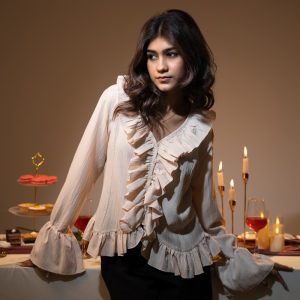 Women's Long Sleeve Ruffle Top in Off-White