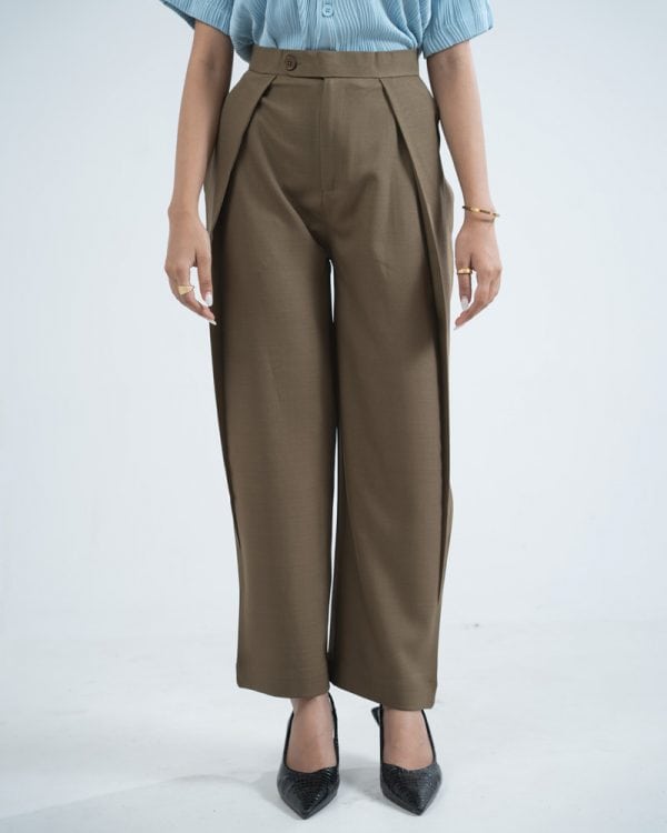 Women's High-Waisted Curve Pleated Formal Pants in Muted Brown - Image 2