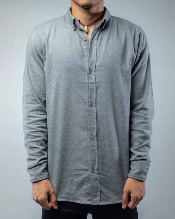 Men’s Long Sleeve Button-Down Herringbone Patterned Shirt in Light Grey - Image 2
