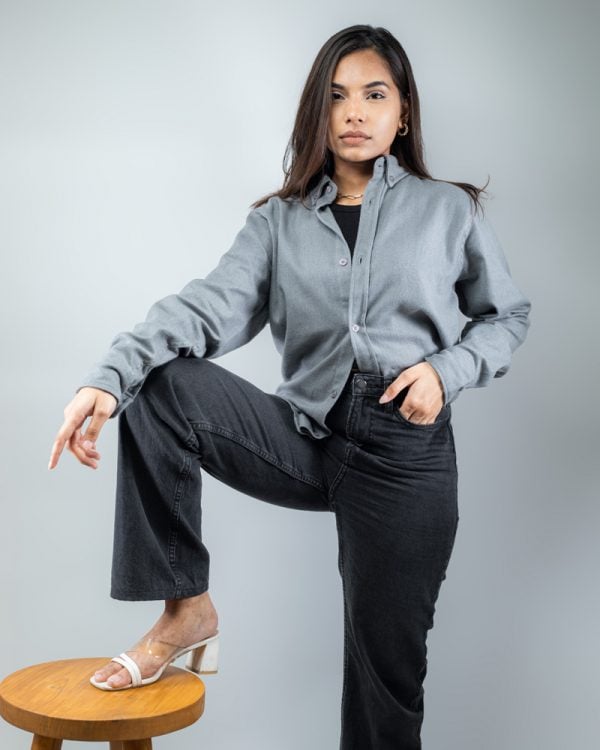 Women’s Long Sleeve Button-Down Herringbone Patterned Shirt in Light Grey - Image 5