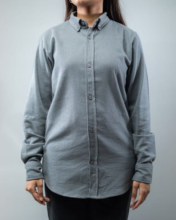 Women’s Long Sleeve Button-Down Herringbone Patterned Shirt in Light Grey - Image 2