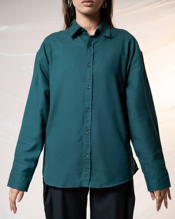 Women's Long Sleeve Oversized Shirt in Bottle Green - Image 2