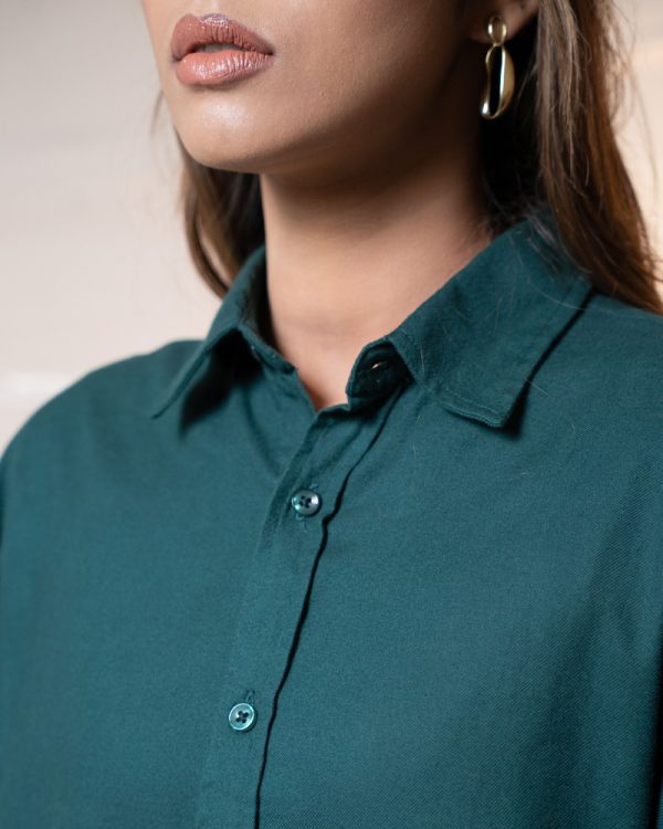 Women's Long Sleeve Oversized Shirt in Bottle Green - Image 3