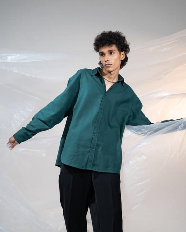 Men's Long Sleeve Oversized Shirt in Bottle Green - Image 4