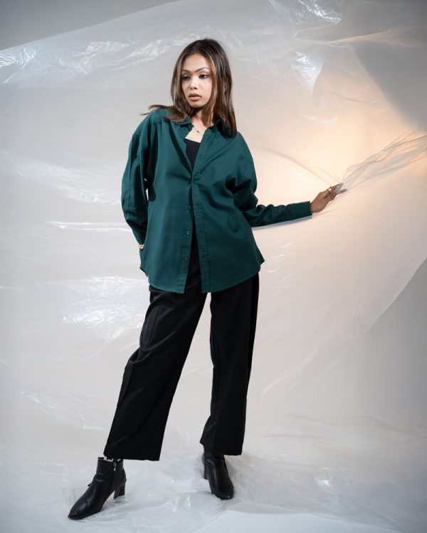 Women's Long Sleeve Oversized Shirt in Bottle Green - Image 4