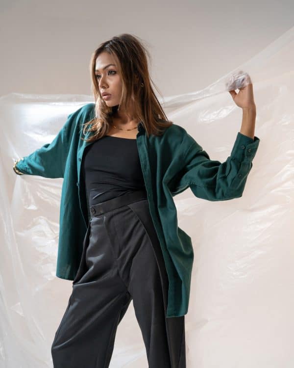 Women's Long Sleeve Oversized Shirt in Bottle Green - Image 11