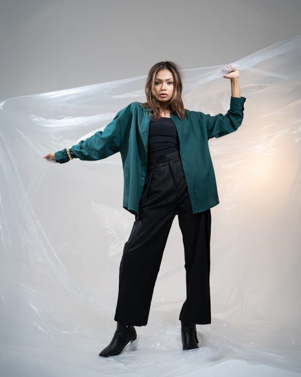 Women's Long Sleeve Oversized Shirt in Bottle Green - Image 10