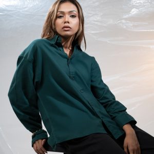 Women's Long Sleeve Oversized Shirt in Bottle Green
