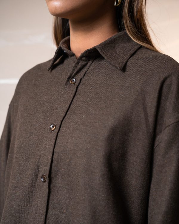 Women's Long Sleeve Oversized Shirt in Dark Brown - Image 3