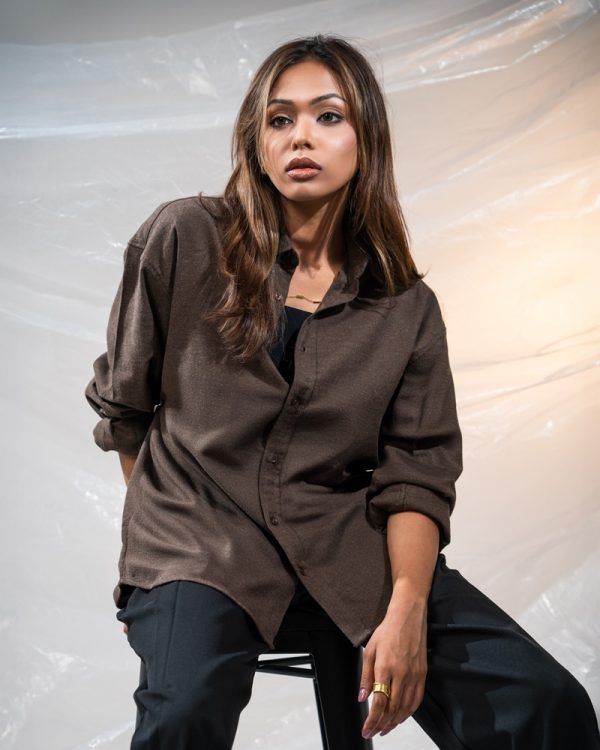Women's Long Sleeve Oversized Shirt in Dark Brown - Image 4