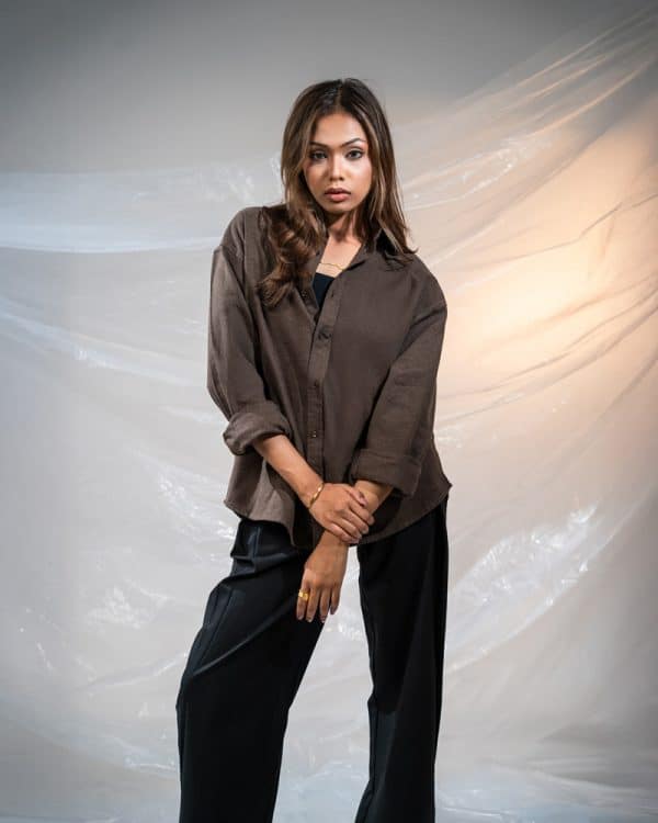 Women's Long Sleeve Oversized Shirt in Dark Brown - Image 8