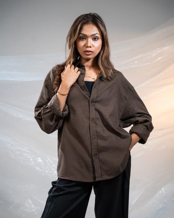 Women's Long Sleeve Oversized Shirt in Dark Brown