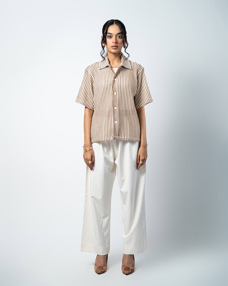 Crochet Shirt in Beige with Brown Stripes - Image 5