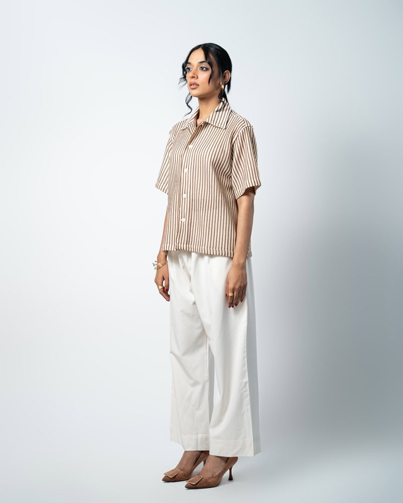 Crochet Shirt in Beige with Brown Stripes - Image 7