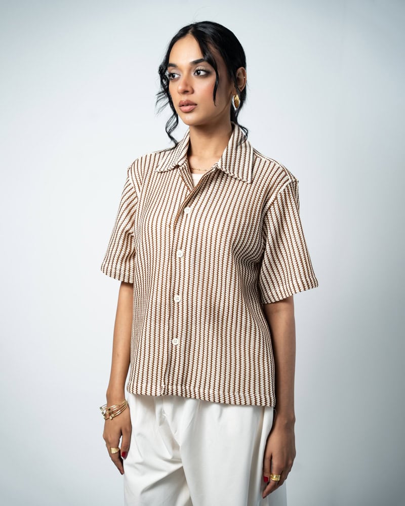 Crochet Shirt in Beige with Brown Stripes - Image 11
