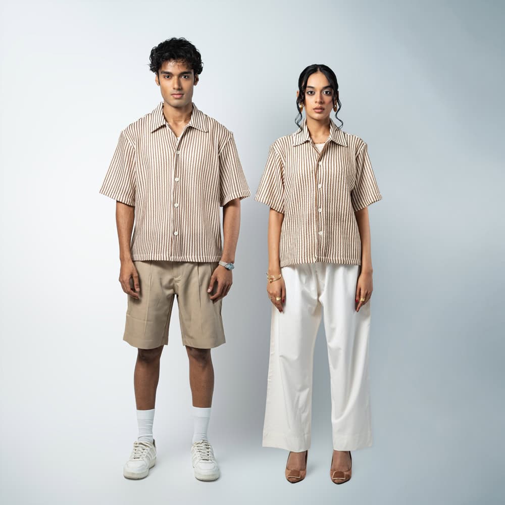 Crochet Shirt in Beige with Brown Stripes - Image 3